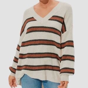 American Eagle‎ Striped Waffle Knit V-Neck Sweater Cream Brown Black Small